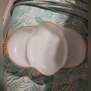 Vtg FireKing 3 Section Milk Glass Serving Platter W/Gold Rim Kitchen Collection